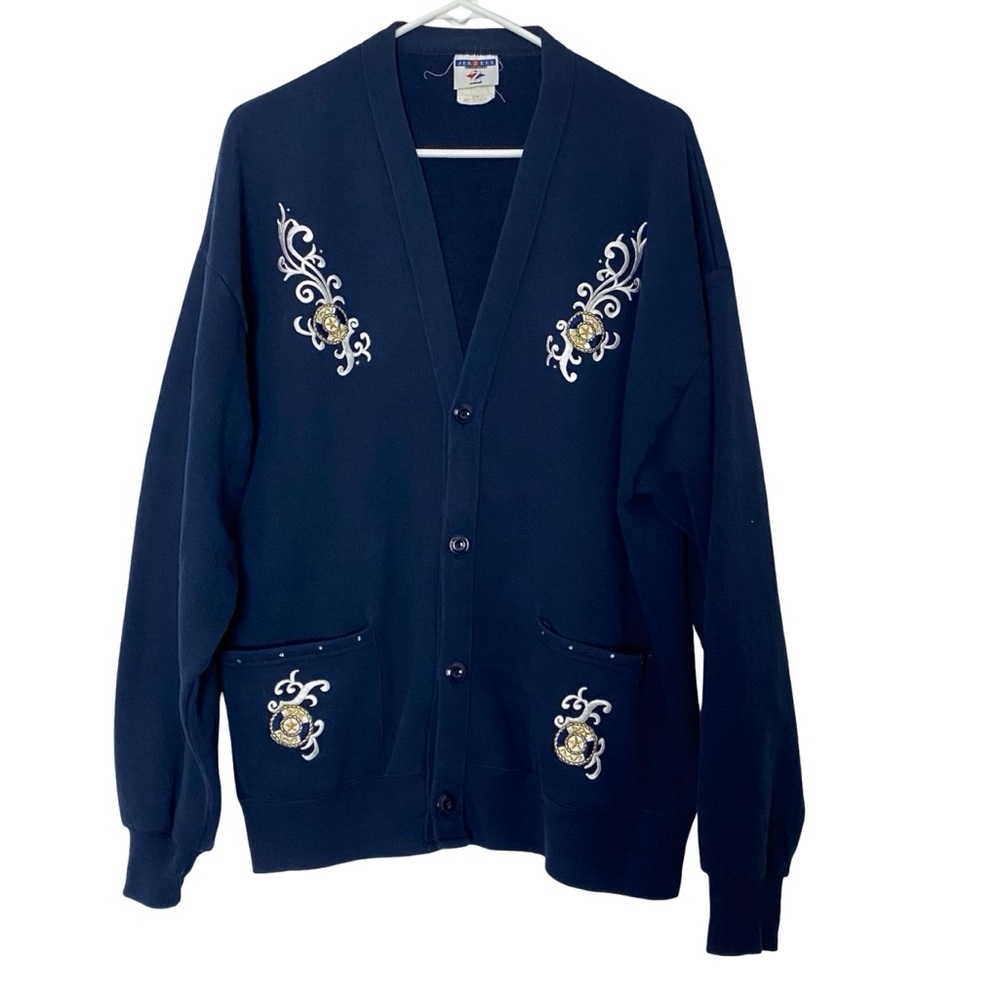 Vintage 90s Cardigan Sweatshirt Sweater Womens Size Large Nautical Embroidered